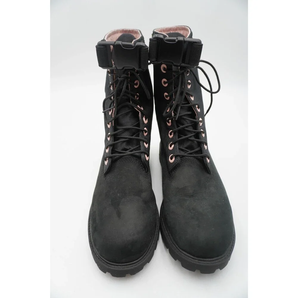 Timberland Black Suede Nylon Mid-Calf Boots Pink Eyelets Buckle Ankle Strap Sz 7